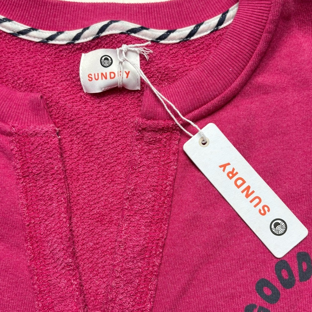 NWT Anthropologie SUNDRY Good Vibes Fuchsia Split Neck Cropped Sweatshirt Size L - Picture 10 of 14